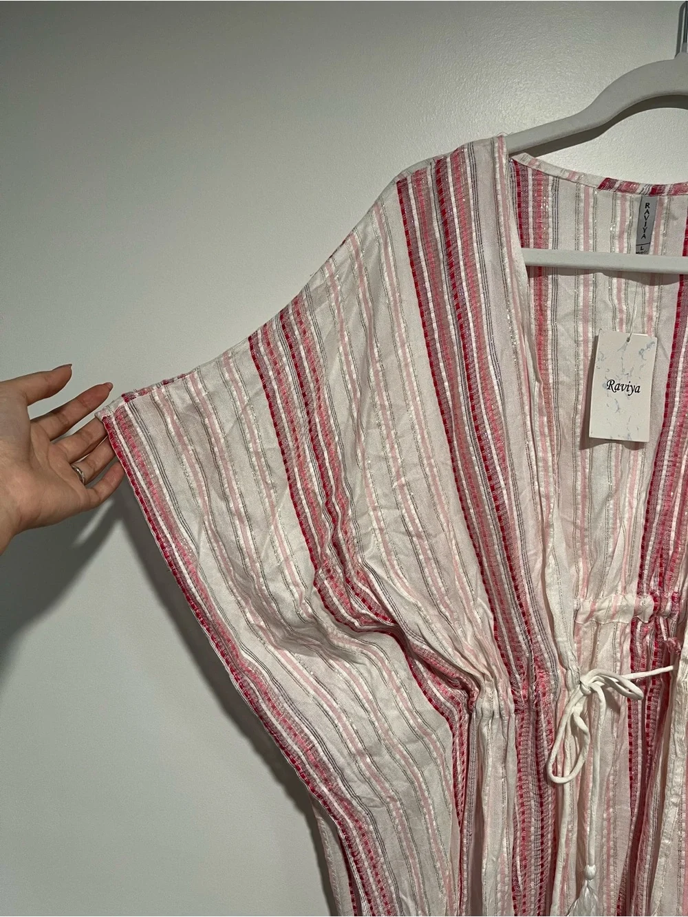 Raviya Pink and White Striped Sheer Swim Cover-Up with Tassels